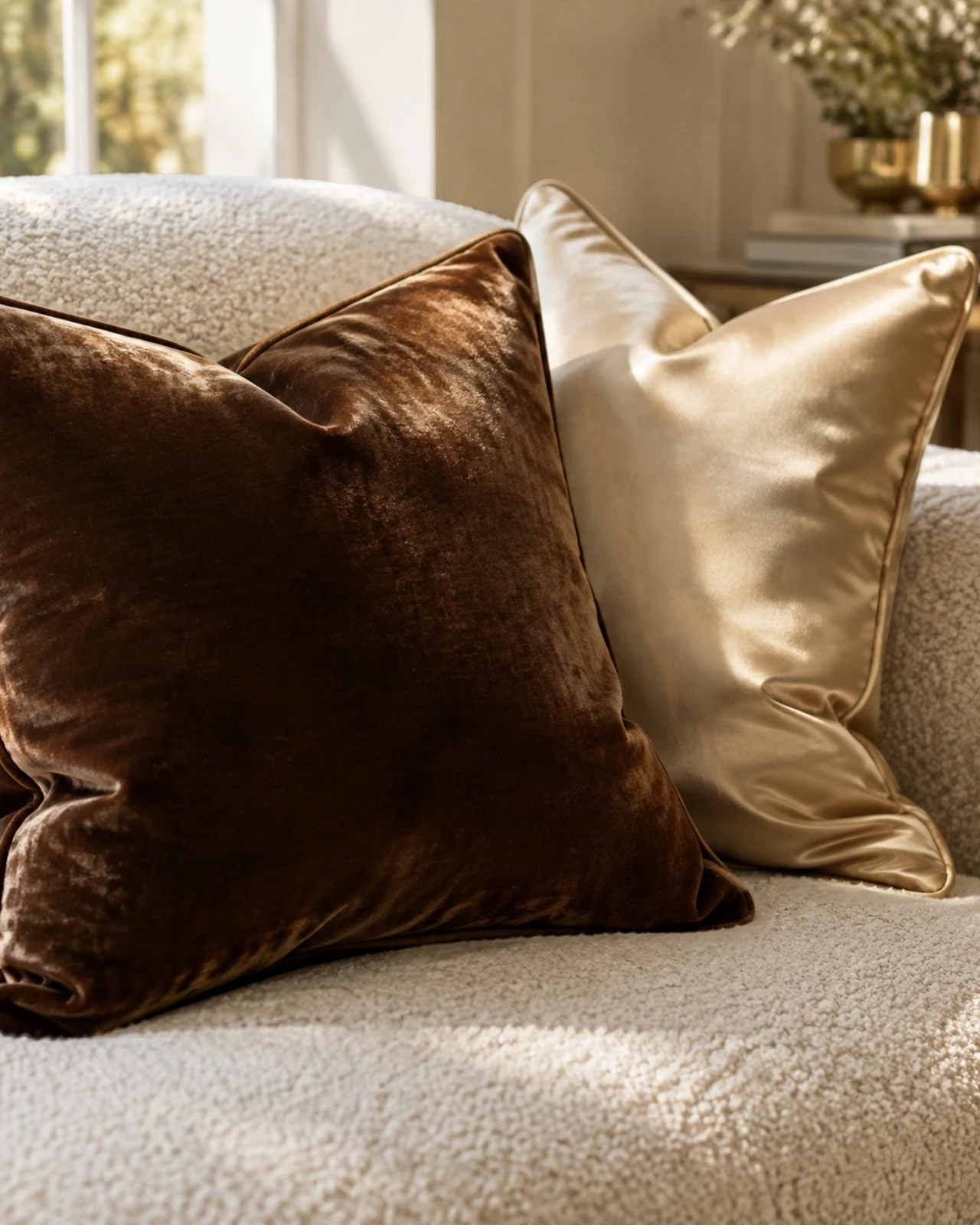 Espresso velvet and champagne satin cushions on bouclé