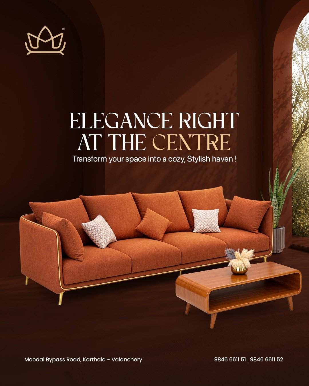MIISOFA four-seater terracotta sofa with gold piping