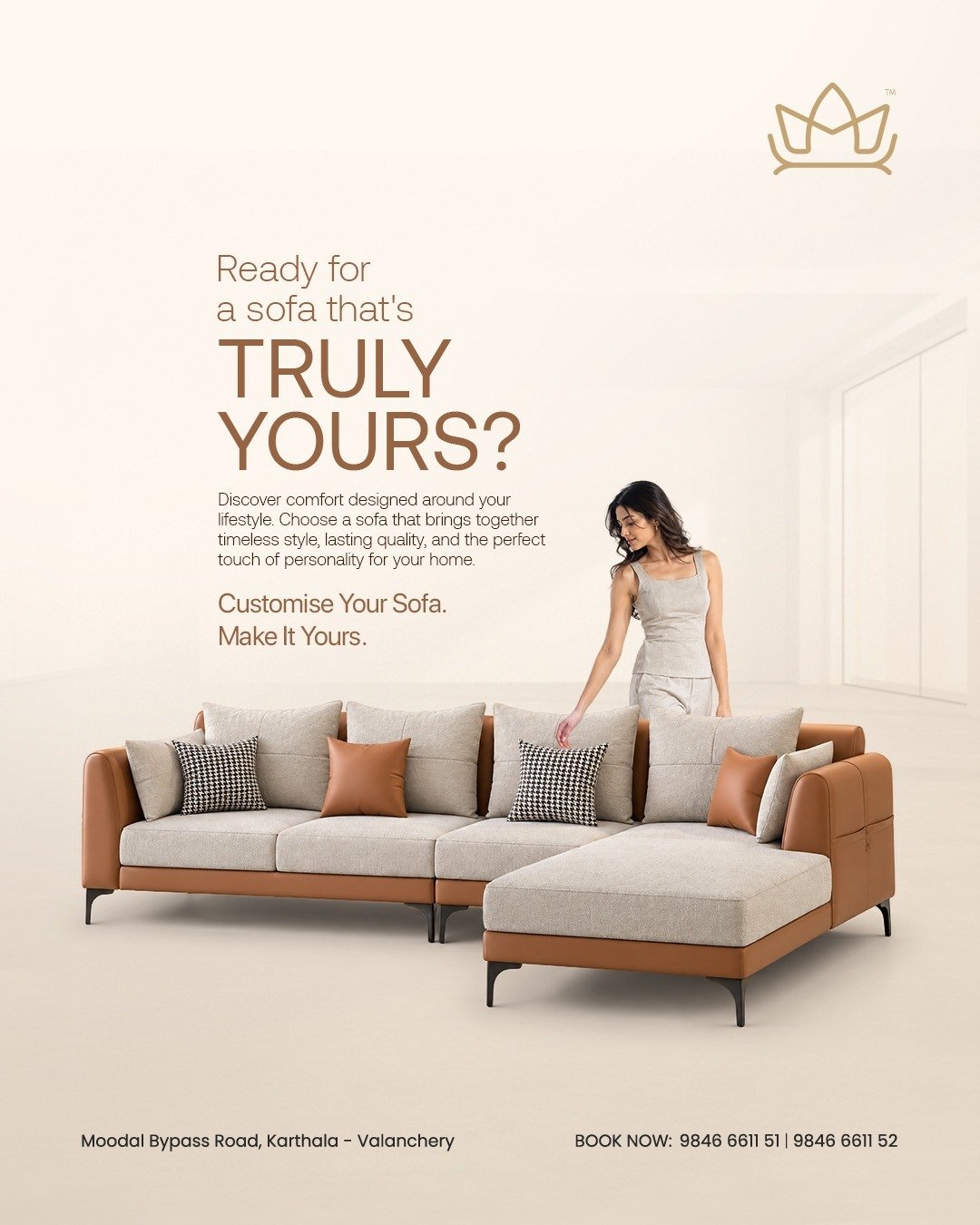 Customisable MIISOFA L-shaped sofa in grey fabric and tan leather